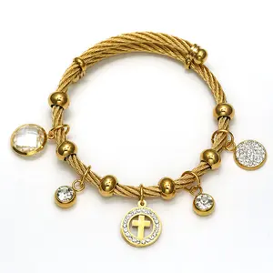 Religious Spiritual Adjustable Charm Bangle Bracelet Handmade Wholesale Stainless Steel Jewelry Cross Peace Mary Charm