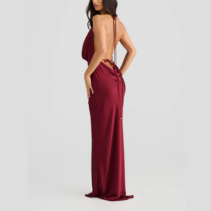 Personalizado peso ligero sedoso satén completamente forrado desmontable flor Halter Bias corte espalda descubierta señoras elegante Maxi tejido vestidos de noche - Product Image 2