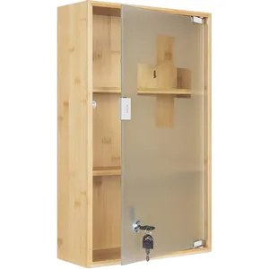 Armoire à médicaments murale en bambou naturel à 3 niveaux avec serrure et porte en verre de sécurité - Product Image 2