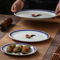 Assiette en céramique rétro bleue et blanche en porcelaine, motif coq, pour hôtels, vaisselle de table, assiette à riz, vente en gros