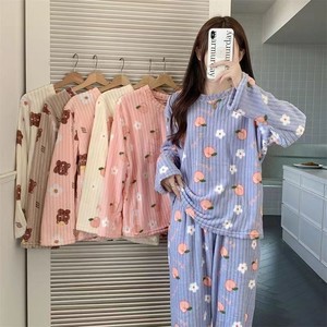 Fall Winter Thickened Cartoon Coral Velvet Flannel Women Pajama Sets Long Sleeve Pant Thermal Girls Nightwear - Product Image 1