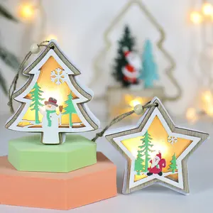 Parlayan noel Deco ağacı ahşap aydınlık ışık beş köşeli yıldız yuvarlak yaşlı adam kardan adam dekorasyon kolye hediye