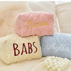 Borsa <span class=keywords><strong>per</strong></span> il trucco in velluto a coste con cerniera trapuntata cosmetica con nome di ricamo personalizzato <span class=keywords><strong>per</strong></span> il viaggio - Product Image 3