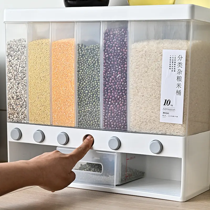 Kitchen Storage Organizer Cereal Dry Food Container Wall Mounted Grain Storage Box Rice Dispenser 6 Grids