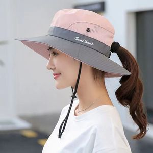 Chapeau de soleil d'été pour femme en maille à large bord, protection UV, chapeau bob d'extérieur avec trou pour queue de cheval - Product Image 5