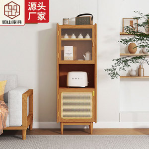 Mueble Esquinero de Madera Maciza Color Teca con 3 Compartimentos, Mueble de Almacenamiento para Sala de Estar con Puerta de Vidrio y Panel Tejido - Product Image 1