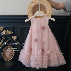 Abito da Principessa Senza Maniche per Bambine con Fiori 3D, Tessuto Morbido in Misto Cotone-Poliestere, Stile <span class=keywords><strong>Dolce</strong></span> ed Elegante, Ideale per l'Uso Quotidiano - Product Image 1