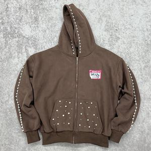 Luxury Designer Drop Shoulder <b>Cropped</b> <b>Hoodie</b> Heavyweight 400 Gsm <b>Hoodie</b> Men Tech Fleece Rhinestone Pearl Oversized <b>Zip</b> <b>Up</b> <b>Hoodie</b> - Product Image 1