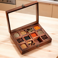 Boîte à épices en bois à 9 compartiments, Inde, avec couvercle en verre, boîte à épices en bois avec tiroirs