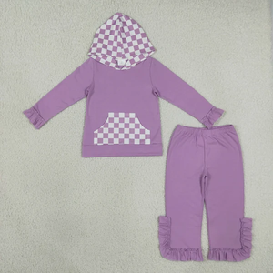 Conjuntos de Ropa para Bebés Niñas al por Mayor, Sudadera con Bolsillos a Cuadros, Pantalones, Color Morado - Product Image 2