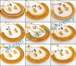 Perhiasan Polki Kundan India-Perhiasan Pengantin India Antik-Perhiasan Emas Satu Gram-Set Perhiasan Berlapis Emas Grosir
