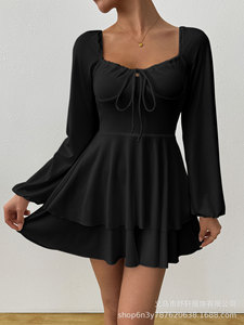 Sexy y elegante cuello en V espalda descubierta cintura ceñida Vestido de manga larga estilo de fiesta de club nocturno blanco encaje hasta Borde de volantes Falda corta - Product Image 6