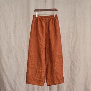 Wide Leg Pants Cotton Linen Cropped Mid Waist Orange Breathable Casual Women's Pants - Product Image 4
