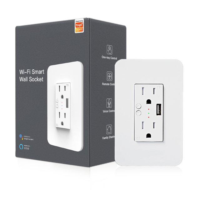 Tuya WiFi Smart Wall Socket US Standard USB Charge Support Overolad Protection15A AC110V Outlet Alexa Google Home Voice Control
