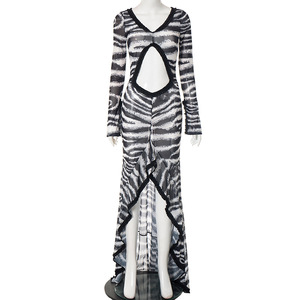 Y2124 abito da donna a maniche lunghe a maniche lunghe <span class=keywords><strong>con</strong></span> stampa zebrata e ombelico aderente lungo fino al pavimento - Product Image 6