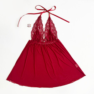 ชุดนอนกระโปรงเปลือยหลังเซ็กซี่สีพื้นผ้าซีทรูคอวี - Product Image 6