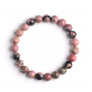 Natural Gemstone Pink Black Rhodonite Healing Crystal Stretch Stone Bead Bracelet 8mm