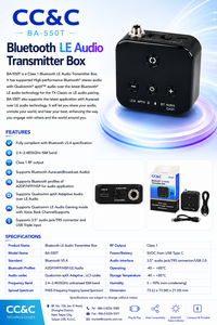 CC&C สินค้าขายดี BA-550T เครื่องส่งสัญญาณเสียงระดับมืออาชีพ BT 5.4, อะแดปเตอร์ไร้สายแบบกระจายสัญญาณ 1 ต่อ N พร้อมช่องต่อ 6.3 มม./3.5 มม./USB-C - Product Image 4