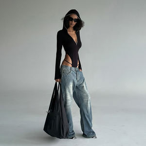 Cut-Out Bodysuit Women Hooded Zip Fitted Top Asymmetric Hot Girl Edgy Cool Long Sleeve Shirt - Product Image 4