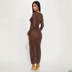 Abito Maglione Taglie Forti a Maniche Lunghe con Scollo Rotondo, Lavorazione Chevron Traforata, Vestito Lungo per Autunno Inverno, Feste, Serate ed Eventi per Donna - Product Image 2