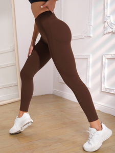 Leggings Yoga a Vita Alta Marrone Tinta Unita, Lunghezza Intera, Senza Cuciture, in Spandex/Poliestere, Asciugatura Rapida, Elasticizzati in Quattro Direzioni, Abbigliamento Sportivo Fitness - Product Image 3