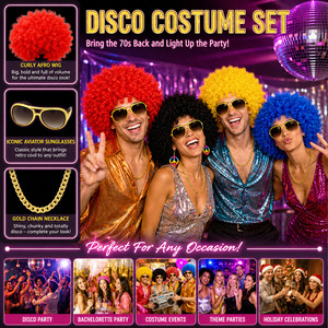 Pafu - Juego de 12 Accesorios para <span class=keywords><strong>Disfraz</strong></span> de Discoteca, Peluca <span class=keywords><strong>Afro</strong></span>, Gafas de Aviador, Cadena Dorada para Halloween, Navidad y Fiestas - Product Image 5