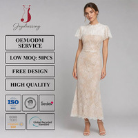Robe sirène midi élégante Joydressing en dentelle florale blanche, col montant, manches volantées, pour soirées et fêtes, vente en gros, personnalisable