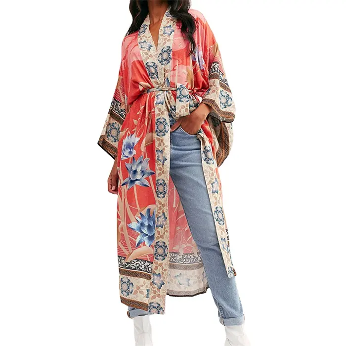 Boho शैली पुष्प प्रिंट लांग किमोनो महिलाओं के वस्त्र Sashes बेल्ट छुट्टी जिप्सी ठाठ बोहेमियन कवर अप केप बागे कपास