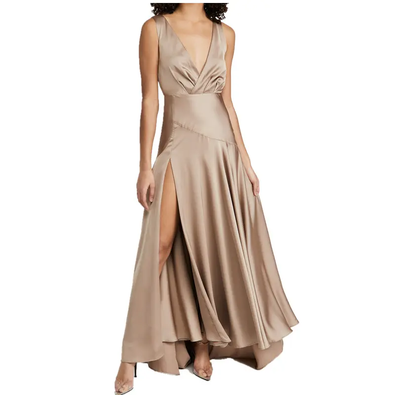 2021 custom satin Women's Elegant V Neck backless sexy Formal evening split Cocktail Party Maxi Dress