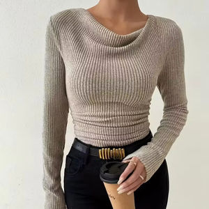 Pull en tricot à manches longues pour femme, taille plus, couleur unie, style coréen, anti-boulochage, respirant, polyester, col rond, automne/hiver - Product Image 1