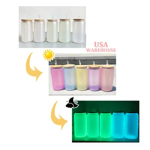 DIY colorful 16oz blank sublimation frosted beer glass can glow in dark UV color change beer glass with bamboo lid and straw