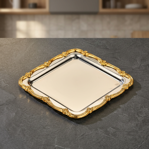 Elegante Bandeja Cuadrada para Servir con Borde Dorado, Acabado Metálico Pulido, Diseño Sólido, Uso Residencial - Product Image 5