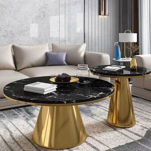 Luxury Round <b>Nesting</b> <b>Coffee</b> <b>Table</b> <b>Set</b> of 2 White Black Marble Look Sintered Stone Top Gold Stainless Steel Cone Base Living Room - Product Image 4