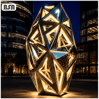 Sculpture géométrique LED BSA en acier inoxydable, finition miroir, art abstrait en cristal facetté, grande taille pour extérieur, place publique, parc, nuit