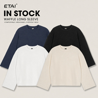 T-shirt Homme Personnalisé Épais ETAI à Motif Gaufre Manches Longues Coupe Oversize Épaules Tombantes Bords Bruts Style Minimaliste