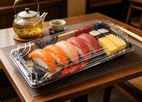 Boîte à sushi rectangulaire jetable de luxe de haute qualité avec couvercle transparent en feuille d'or, en PET de qualité alimentaire, pour emballage alimentaire à emporter