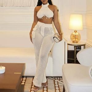 Chic Design Halter <b>Sexy</b> Crop Tops See Through Mesh Pants Summer Club Party Women <b>Sets</b> Fashion - Product Image 1