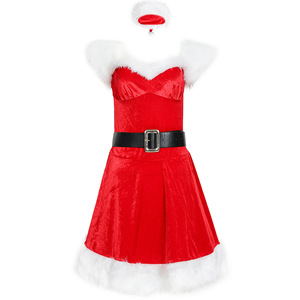 Sexy <b>Christmas</b> Costume <b>Dress</b> Women Red Velvet With White Fur Trim And <b>Black</b> Belt <b>For</b> Holiday Party Role Play - Product Image 1