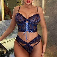 Conjunto de Lencería Sexy de 2 Piezas con Bordado Floral, Corsé, Tanga, Encaje Frontal, Volantes, Ropa Interior Femenina, Malla Transparente, Push-Up