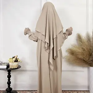 Middle East Turkey Dubai Solid Color Pocket Muslim Women Dress With 2 Layer Khimar Jilbab Ice Wrikled 2 Piece Set Abaya Prayer