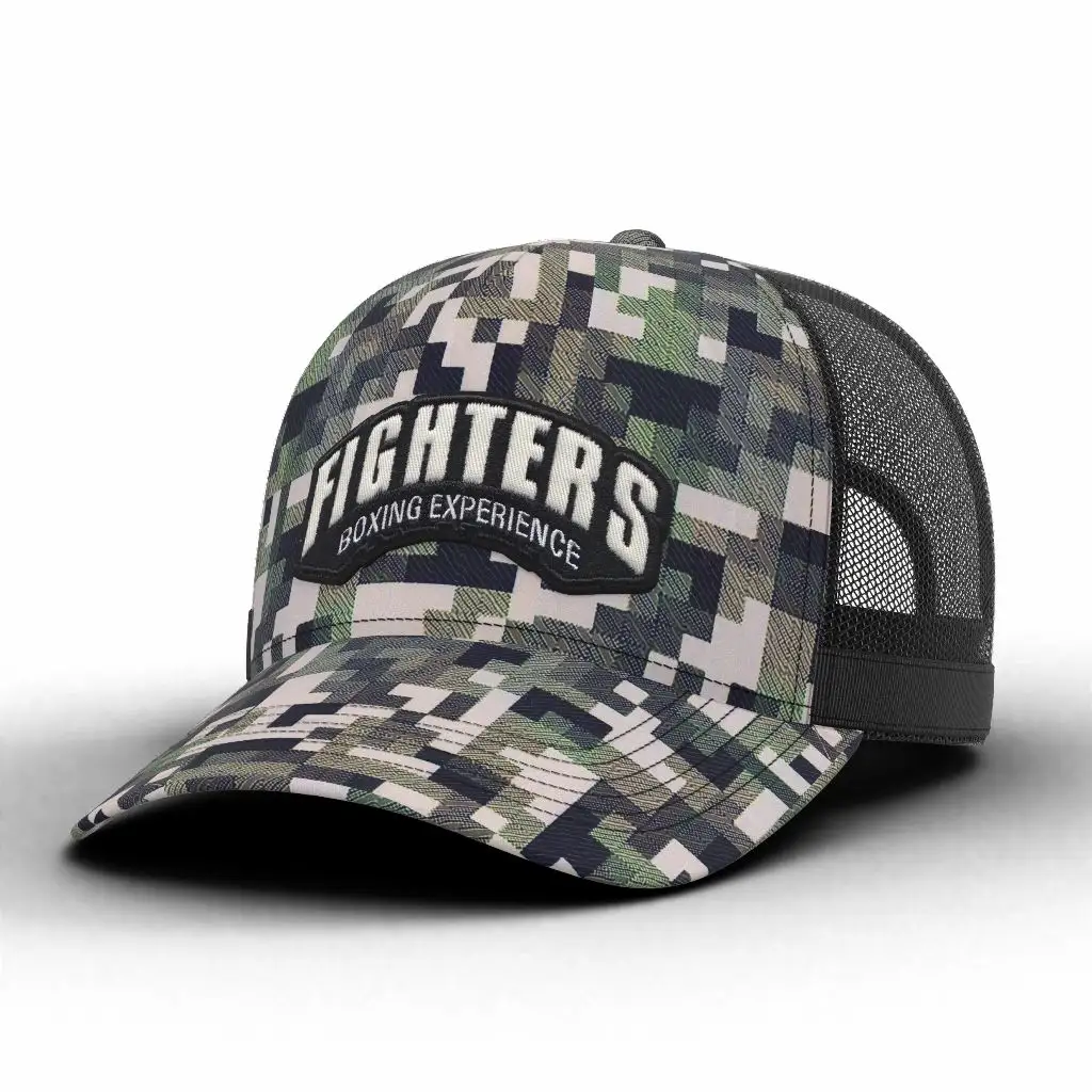 Custom High Quality Embroidery Unisex 5-panel Sports Mesh Character Headwear Camouflage Trucker Hat Caps