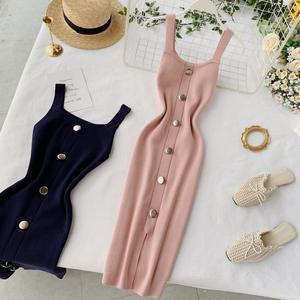 Robe d'été élégante en maille pour <span class=keywords><strong>femme</strong></span>, coupe ajustée, magnifique col carré, sans manches, décontractée, chemises pour femmes en gros - Product Image 2