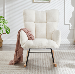 Fauteuil à bascule moderne et portable pour salon, rembourré en tissu Teddy capitonné avec pieds en bois, fauteuil d'appoint blanc ivoire - Product Image 2