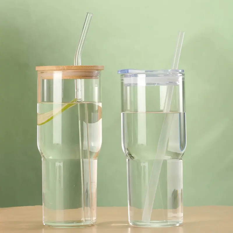 竹のふたとストローメイソンジャー飲用グラス付きガラスタンブラーカップ卸売カップコーヒーグラスカップジュースボトル