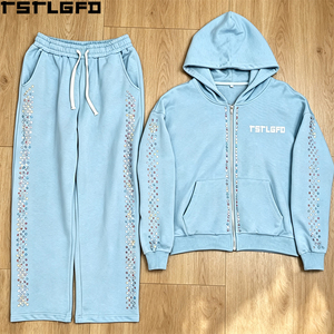 Conjunto de Sudadera con Capucha y Cremallera OEM/ODM para Hombre, Azul Bebé Iridiscente con Pedrería, Chándal Oversize de Invierno al por Mayor - Product Image 6