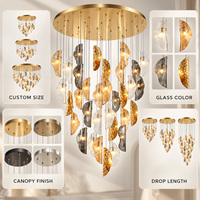 Lustre cascade de luxe personnalisé de 59 pouces, en verre ambré clair fumé, avec pampilles en forme de feuilles, pour escalier, hall d'entrée, hôtel, villa