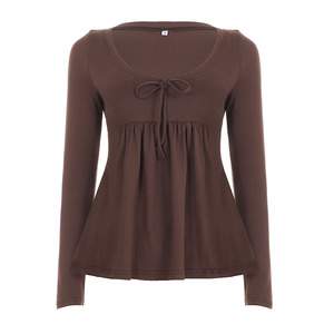 Square Neck Lace Up Knit <b>Top</b>, Solid Color <b>Long</b> <b>Sleeve</b> Women's T Shirt, <b>Y2K</b> Retro Casual Streetwear Fashion Style - Product Image 6