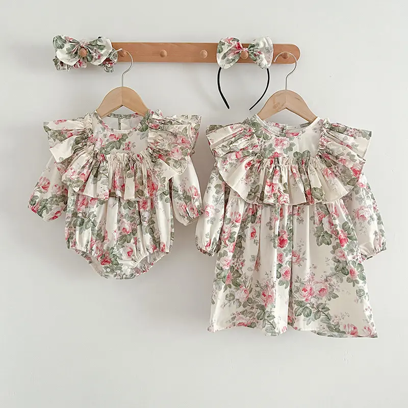 Vestido estampado floral manga larga algodón niños niñas