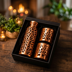 Traditional Modern Copper Water Bottle <b>Flask</b> Set with <b>2</b> Engraved <b>Cups</b> in Gift Box Tree Leaf Cutout Design - Product Image 1