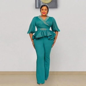 Completo da 2 pezzi: Abito africano da donna con top a maniche a tre quarti con volant e pantaloni a zampa a vita alta, elegante e alla moda, nuovo stile OL africano - Product Image 1